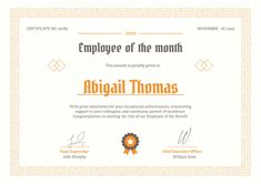 an employee of the month certificate with orange and gold trimmings, on a white background