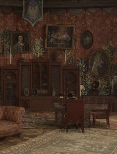 an old fashioned living room with paintings on the wall