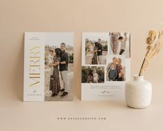 a couple's family photos are displayed on a table next to a vase with dried flowers