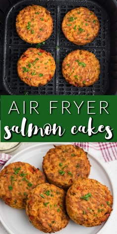 air fryer salmon cakes on a plate with the title above it in green and white