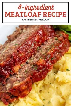 meatloaf recipe on top of mashed potatoes with green beans and asparagus