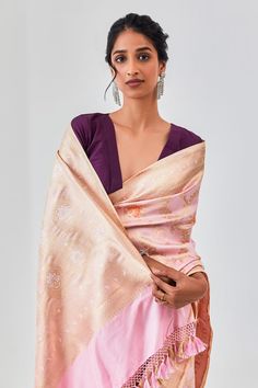 Pastel rose pink banarasi saree with all over gold toned minakari blossom jaal detailing. Comes with an unstitched blouse piece. - Aza Fashions Elegant Pink Raw Silk Blouse Piece, Elegant Pink Blouse For Navratri, Elegant Pink Banarasi Silk Lehenga, Elegant Pink Choli With Zari Weaving, Pink Blouse Piece For Transitional Season In Traditional Drape, Pink Wedding Blouse With Zari Weaving, Elegant Pink Pre-draped Saree With Zari Weaving, Transitional Pink Blouse Piece With Traditional Drape, Designer Pink Blouse With Zari Weaving