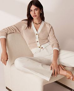 In a finely textured stitch, our V-neck cardigan flatters in a comfortable wedge silhouette. V-neck. Long raglan sleeves. Button front. Ribbed cuffs and hem.,Hit:20 1/2" long,Imported:Imported,Fit:Softly fitted Petite Textured Stripe V-Neck Wedge Cardigan by Ann Taylor Size petite - 2XS Tan/White Women's Work Cardigan Outfit, Kibbe Soft Classic Outfits, Work Clothes Women, Petite Fashion Over 50, Women Over 40 Fashion, Ann Taylor Outfit, Hourglass Figure Outfits, Career Outfits, Ann Taylor Petite