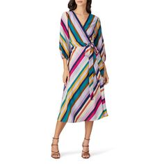 Multicolor striped georgette (100% polyester). Wrap. Long sleeve. V-neckline. Lined. Side pockets. 47" from shoulder to hemline. Imported. Chic Multicolor Vertical Stripes Dress, Striped V-neck Midi Dress For Beach, Striped V-neck Midi Dress For The Beach, Vertical Stripes V-neck Vacation Dresses, Striped V-neck Midi Dress For Day Out, V-neck Dress With Vertical Stripes For Day Out, Chic Striped V-neck Dress, Striped V-neck Midi Dress For Work, Great Jones