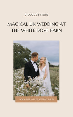 a bride and groom standing in the middle of a field