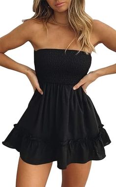 Tube Top Dress for Women Summer Solid Strapless Mini Dresses, Off The Shoudle Ruffle Beach Dress Short Summer Dress, Strapless Ruffle Dress, White Ruffle Dress, Black Ruffle Dress, Midi Dress Formal, Boho Summer Dresses, Tube Top Dress, Mini Dresses For Women, Lightweight Dress