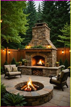 an outdoor fire pit surrounded by chairs and tables with lights on it's sides