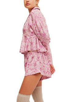 Elevate your sleepwear assortment with this printed pajama set from Free People. | Free People Beauty Sleep Pajama Set, Medium Pink Pjs, Short Pajamas, Swimsuit Cover Up Dress, Beauty Sleep, Denim T Shirt, Denim Sweater, Sleep Shorts, Sleep Set, Satin Pajamas