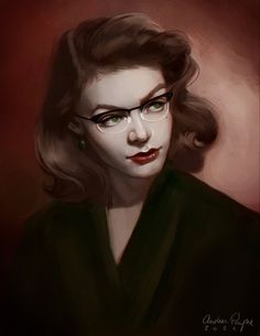 a painting of a woman with glasses on her face and green eyeliners,