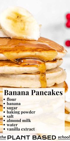 Serve them with 100% maple syrup and sliced banana or fresh berries and nuts on top for the most delicious and wholesome breakfast meal. Pancakes No Eggs, Weekend Breakfast Recipes, Best Vegan Pancakes, Vegan Banana Pancakes, Oatmeal Pancakes Recipe, Blueberry Pancakes Recipe, Plant Based School, Vegan Granola