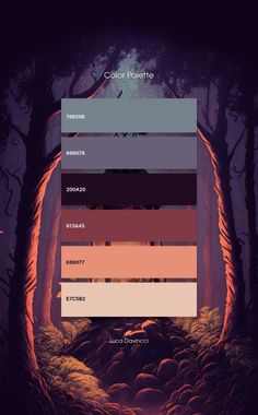 the color palette is shown in shades of red, orange and purple with an image of trees