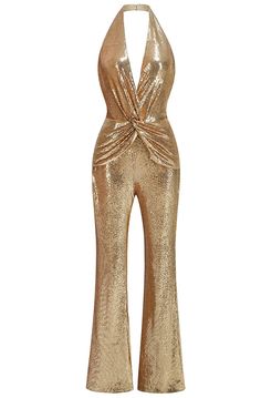 Halter Draped Sequin Jumpsuit Gold DESIGN: Color: Gold Halterneck Sleeveless Sequined Draped design Open back design Gentle Dry Clean Only Length: Maxi MATERIAL: Polyester + Cotton + Spandex High quality durable fabric. High elasticity for a better fit. Delicate sewing and hemming by durable needle lockstitch machine. YKK zipper (known as the most durable and reliable zippers manufactured today). To maintain the beauty of your garment, please follow the care instructions on the attached label. Color may vary due to lighting on images. The product images (without model) are closest to the true color of the item.     * Order one size up for a relaxed fit. * Pay special attention on measurements to ensure proper fit. * If you are between two sizes the larger one is recommended. Jumpsuits Graduation, Disco Party Outfit Jumpsuit, Gold New Years Outfit, Gold Sequin Jumpsuit, Summer Jumpsuits, Gold Jumpsuit, Flared Jumpsuit, Metallic Jumpsuits, Fashion Things