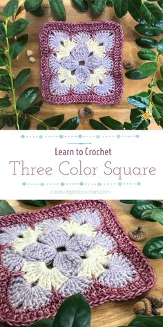 two crocheted squares with flowers on them and the words learn to crochet three