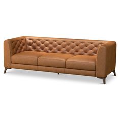 Style/Type Contemporary Mid-Century leather chesterfield sofa / 3 seat sofa General Dimensions 31"H x 89"W x 35"D Seat Height 17" Seat Depth 22.8" Arm Height 31" Weight (lbs) 130 Wood Stain Walnut Upholstery Color Tan Materials Top-grain genuine leather, Solid wood frame, kiln dried Eucalyptus wood, high density foam. Tan Sofas, Tan Leather Sofa, Modern Chesterfield Sofa, Modern Furniture Sofas, Modern Chesterfield, Tan Leather Sofas, Leather Couches, Leather Sofa Couch, Couches For Living Room