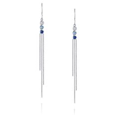 Pair of earrings with 3 round bezel stones and 3 strands of chain with movement 14K white gold 0.98ctw , 2 (top) - high quality diamonds, 2 (middle) - light blue aqua, 2 (bottom) - blue sapphire 3.5” inches long Handmade in New York Luxury Blue Elegant Linear Earrings, Luxury Blue Linear Earrings, Luxury Blue Linear Drop Earrings, Threaded Earrings, Diamond Choker Necklace, Diamond Choker, Thread Earrings, Aqua Marine, White Gold Earrings