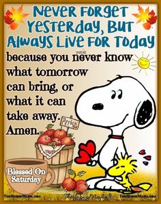 a snoopy cartoon character with an autumn theme on it's back and the words never forget, but always live for today