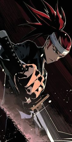 an anime character with red hair and black clothes is flying through the air in front of a dark background