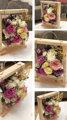 four different pictures of flowers in a wooden box with string attached to the handles and sides