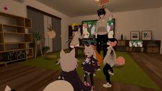 an animated image of people dancing in a living room with green carpet and wooden floors