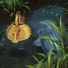 an elephant is in the water next to a bucket with a man on it,