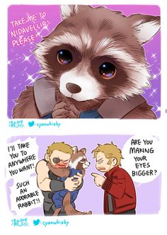 a comic strip with a raccoon holding a baby