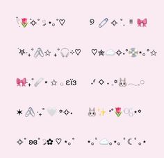 an assortment of different types of tattoos on a pink background with stars, hearts and arrows