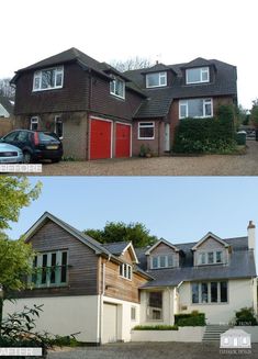 before and after shots of a house with red doors, windows, and roof shingles