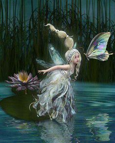 a painting of a fairy floating in the water