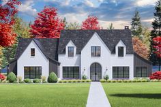 This French Country house plan gives you 4 beds, 4.5 baths and 3,608 square feet of heated living. A painted brick exterior with board and batten accents, two dormers flanking the arched French door entry and large windows give the home great curb appeal.A flex room off the beamed great room with fireplace and three sets of French doors accessing the 12 Painted Brick Exterior, Bed Layout, Tudor House Plans, Bathroom And Walk In Closet, European Plan, European Cottage, French Country House Plans, Tudor Style Homes, Brick Exterior