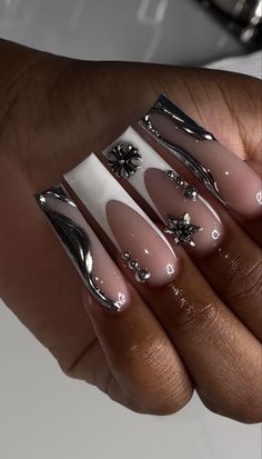 Trendy Nails Black Women, Med Square Nails, Long Square Acrylic Nails With Charms, Birthday Year Nails, Black Simple Nail Designs, Hard Nails Designs, Blinged Out French Tip Nails, Short Bday Nails, Nail Art With Lines