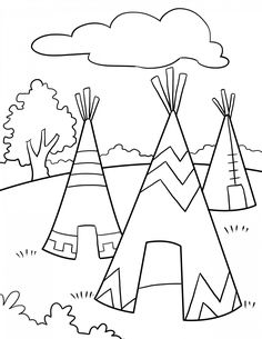 three teepees in the field with trees and clouds above them, coloring page