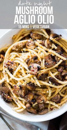 pasta with mushrooms and cheese in a white bowl