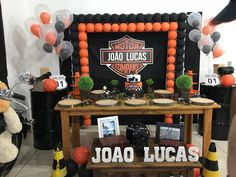 a motorcycle themed birthday party with balloons and decorations