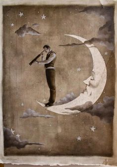 a drawing of a man standing on top of a crescent moon with stars and clouds