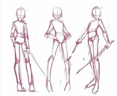 three sketches of people in different poses with one holding a cane and the other looking at something