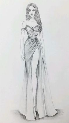 a pencil drawing of a woman in a dress with long sleeves and high slits