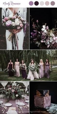 a collage of photos with flowers and greenery in the center, purple hues on