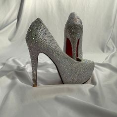 Women's White And Silver High Heels. Over 4 Inches In Height. Waterproof Platform. Great As A Bridal Or Wedding Shoe. Nwot But In Excellent Condition. Only Worn Once. Size 6.5 Boutique Shoes, Silver High Heels, Rhinestone High Heels, Shoe Boutique, Wedding Heels, Silver Heels, Ladies Boutique, Shoes Women Heels, Wedding Shoe