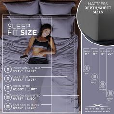 an image of a woman sleeping in bed with the measurements for her size and weight