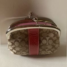 Cute Coach Purse Chic Coach Coin Purse For Everyday Use, Chic Coach Coin Purse, Pink And Brown Coach Purse, Coach Pink Wallets For Travel, Pink Wallet Coach, Coach Brown Wallet For On-the-go, Coach Wallet With Zipper Closure For On-the-go, Trim Color, Coach Purses