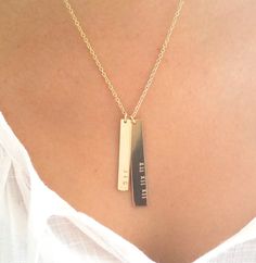 Double Nameplate Necklace Gold Vertical Bar by GoldCrushJewelry Minimalist Gold Bar Necklace With Name, Minimalist Bar Necklace For Mother's Day, Dog Tag Necklace Woman, Relationship Necklaces, Nameplate Necklace Gold, Date Necklace, Puzzle Jewelry, Vertical Bar Necklace, Necklace Name