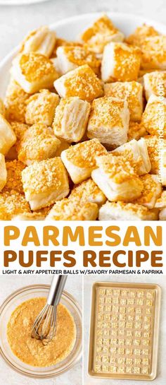 the ingredients for homemade parmesan puffs are shown in this collage with text overlay