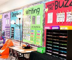 a classroom with desks, chairs and bulletin boards on the wall in front of them