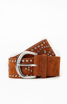 Add a touch of edgy style to your outfit with the Suede Studded Belt from LA Hearts, featuring soft suede construction adorned with silver metal studs throughout and a chic round buckle closure.Wide beltSuede constructionMetal studsRound buckle closure LA Hearts Womens Suede Studded Belt - Brown Ladies Belts, 2024 Clothes, Belt Wide, Women's Belts, Hip Belt, Brown Fits, Engraved Metal, Suede Belt, Casual Belt