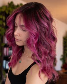 Strawberry Pink Balayage, Red Pink Balayage Hair, Colored Bayalage Hair, Magenta Balayage Brunette, Pink Balayage Hair Brunettes, Red Hair Root Smudge, Dark Brown To Pink Balayage, Pink Balyage Long Hair Brunettes, Pink Baylage Hair Brunettes