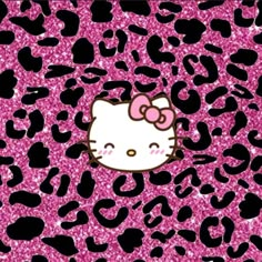 a hello kitty wallpaper with pink glitter and black leopard print on the bottom half