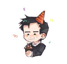 a drawing of a man with a birthday hat on holding a cake in his hand