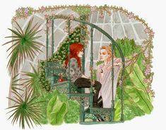 two women are sitting on the balcony in front of some plants and flowers, one is looking at another woman