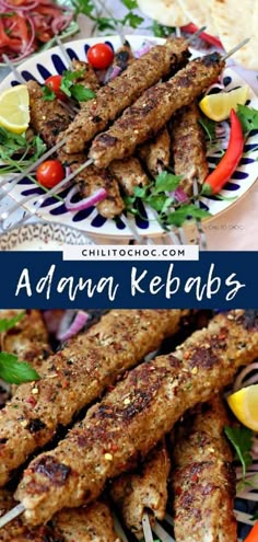 grilled lamb kebabs with tomatoes, lettuce and lemon wedges