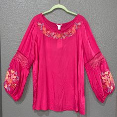 Size 2x Intro. Top Women’s 100% Rayon Embroidered Peasant Top Size 2x New Hot Pink Fuschia Boat Neck Puff Sleeves Smock Trim Detail Boho Chic Peasant Top New With Tag See Pics For Additional Details Length 28” Across Chest 24.5” All Measurements Are Flat Lay And Approximate Bundle 2 Or More Items And Save Additional Casual Summer Peasant Top With Embroidered Sleeves, Pink Long Sleeve Rayon Blouse, Pink Rayon Tops For Spring, Pink Rayon Top For Spring, Pink Rayon Vacation Blouse, Pink Rayon Blouse For Vacation, Spring Pink Embroidered Top For Beach, Pink Bohemian Blouse With Embroidered Neckline, Bohemian Pink Blouse With Embroidered Neckline